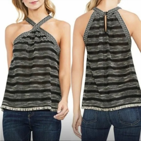 Vince Camuto Aztec Print Tropic Heat Halter Fringe Sleeveless Tank Top Medium - Picture 1 of 8
